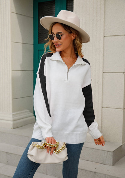 Angel Wings Two-Tone Collared Neck Dropped Shoulder Knit Top-Angel Casuals