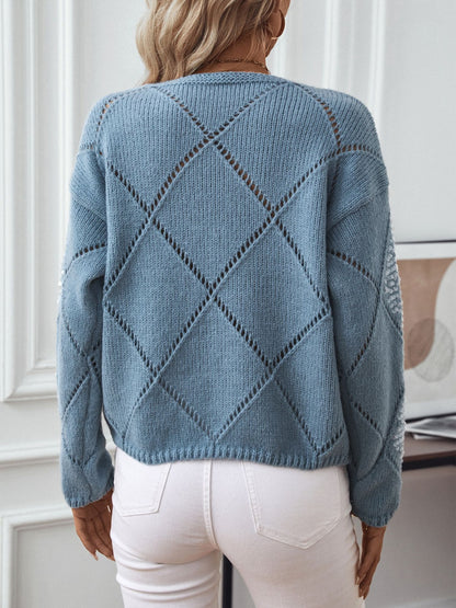 Openwork Round Neck Long Sleeve Knit Top-Angel Casuals