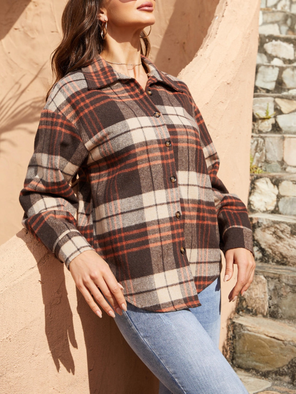 Plaid Button Up Long Sleeve Jacket-Angel Casuals