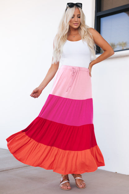 Color Block Tiered Maxi Skirt-Angel Casuals