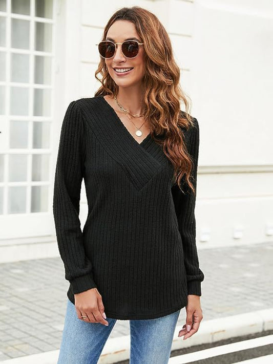 Ribbed Surplice Long Sleeve T-Shirt-Angel Casuals