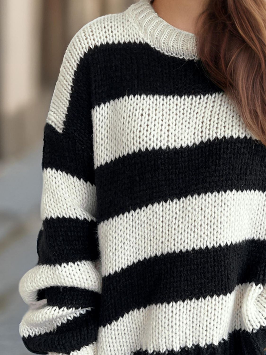 Contrast Striped Round Neck Long Sleeve Sweater-Angel Casuals