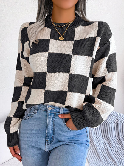 Checkered Mock Neck Long Sleeve Sweater-Angel Casuals