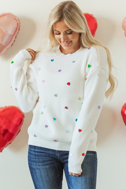 Heart Sequin Round Neck Long Sleeve Sweater-Angel Casuals