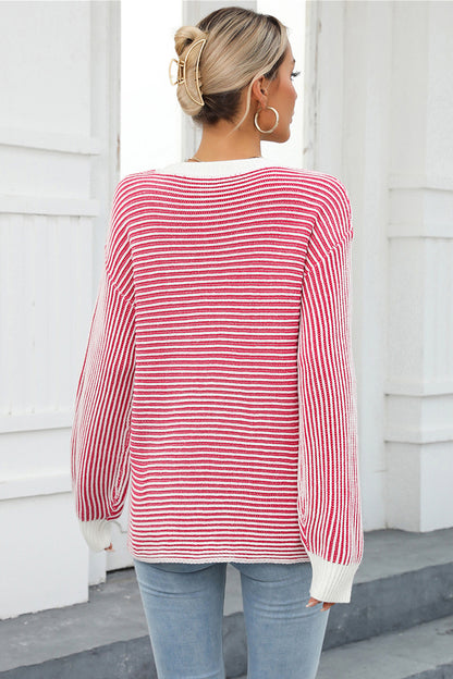 Angel Wings Striped Round Neck Long Sleeve Knit Top-Angel Casuals