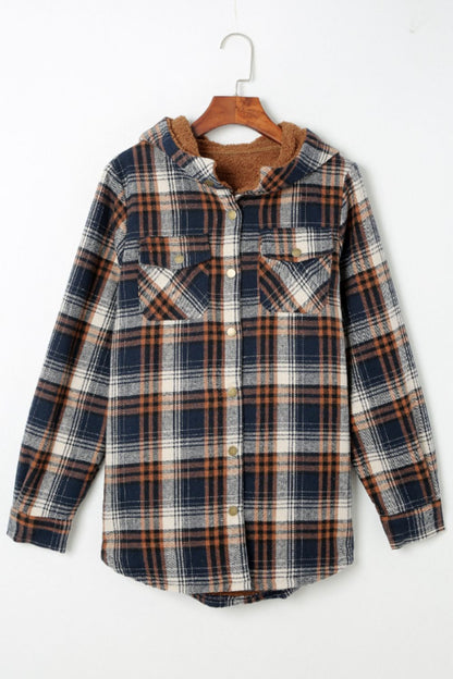 Plaid Button Up Long Sleeve Hooded Jacket-Angel Casuals