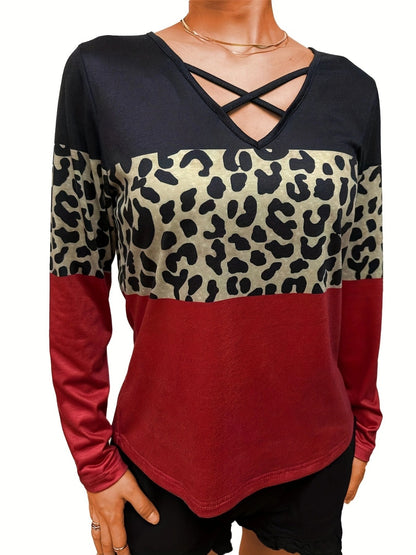 Crisscross Color Block Long Sleeve T-Shirt-Angel Casuals