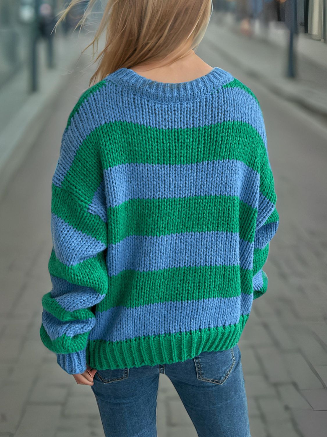 Contrast Striped Round Neck Long Sleeve Sweater-Angel Casuals