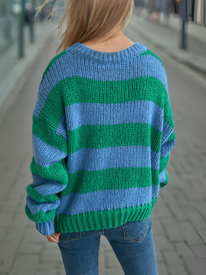 Contrast Striped Round Neck Long Sleeve Sweater-Angel Casuals