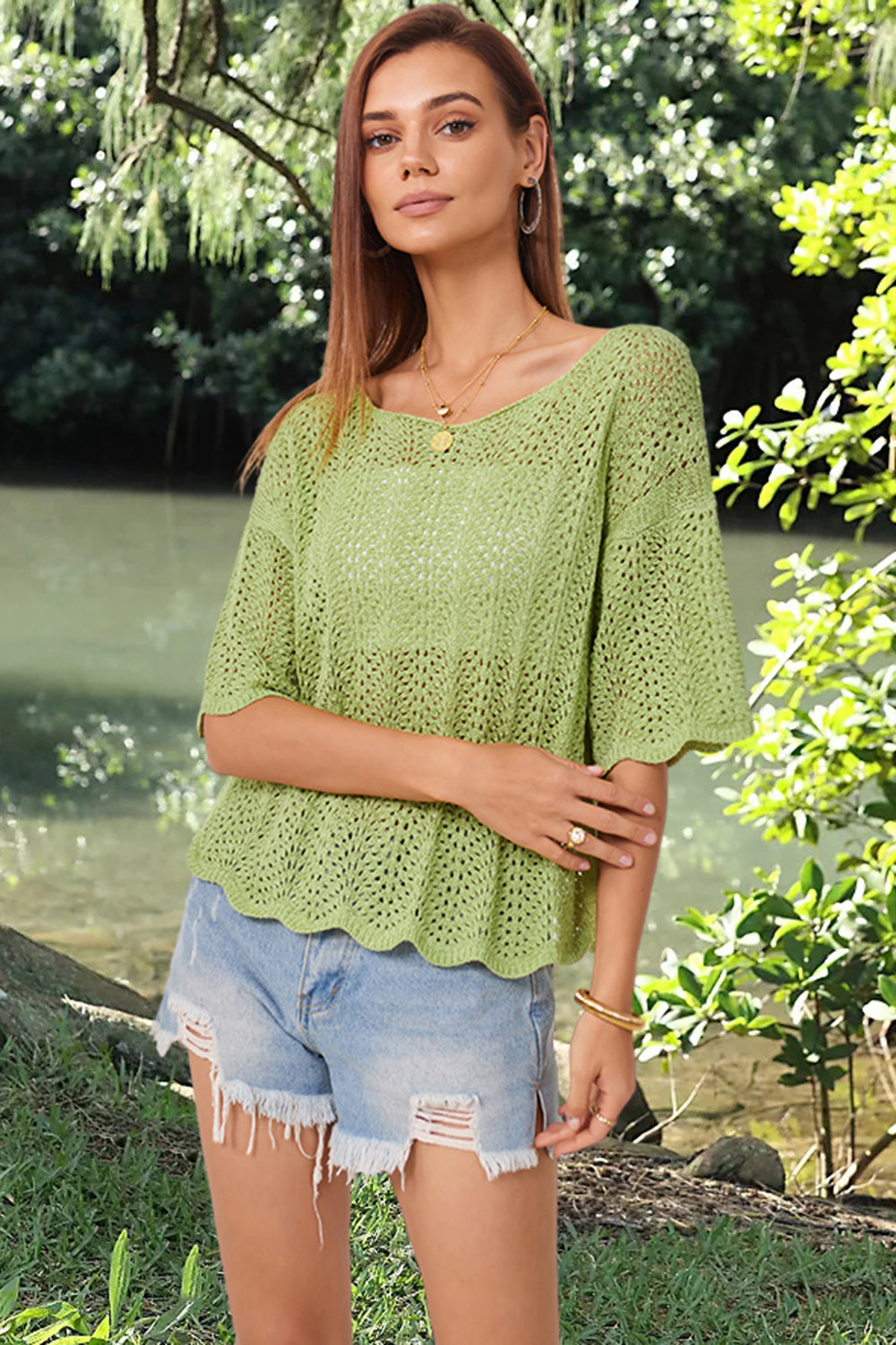 Openwork Round Neck Half Sleeve Knit Top-Angel Casuals