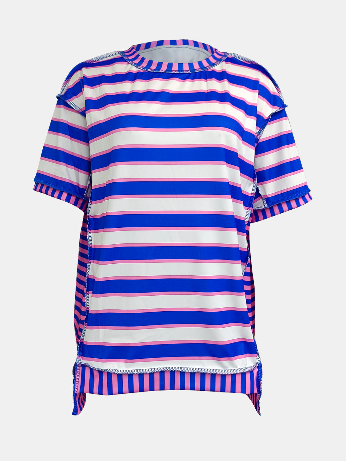 Full Size Contrast Stitching Striped Round Neck T-Shirt-Angel Casuals