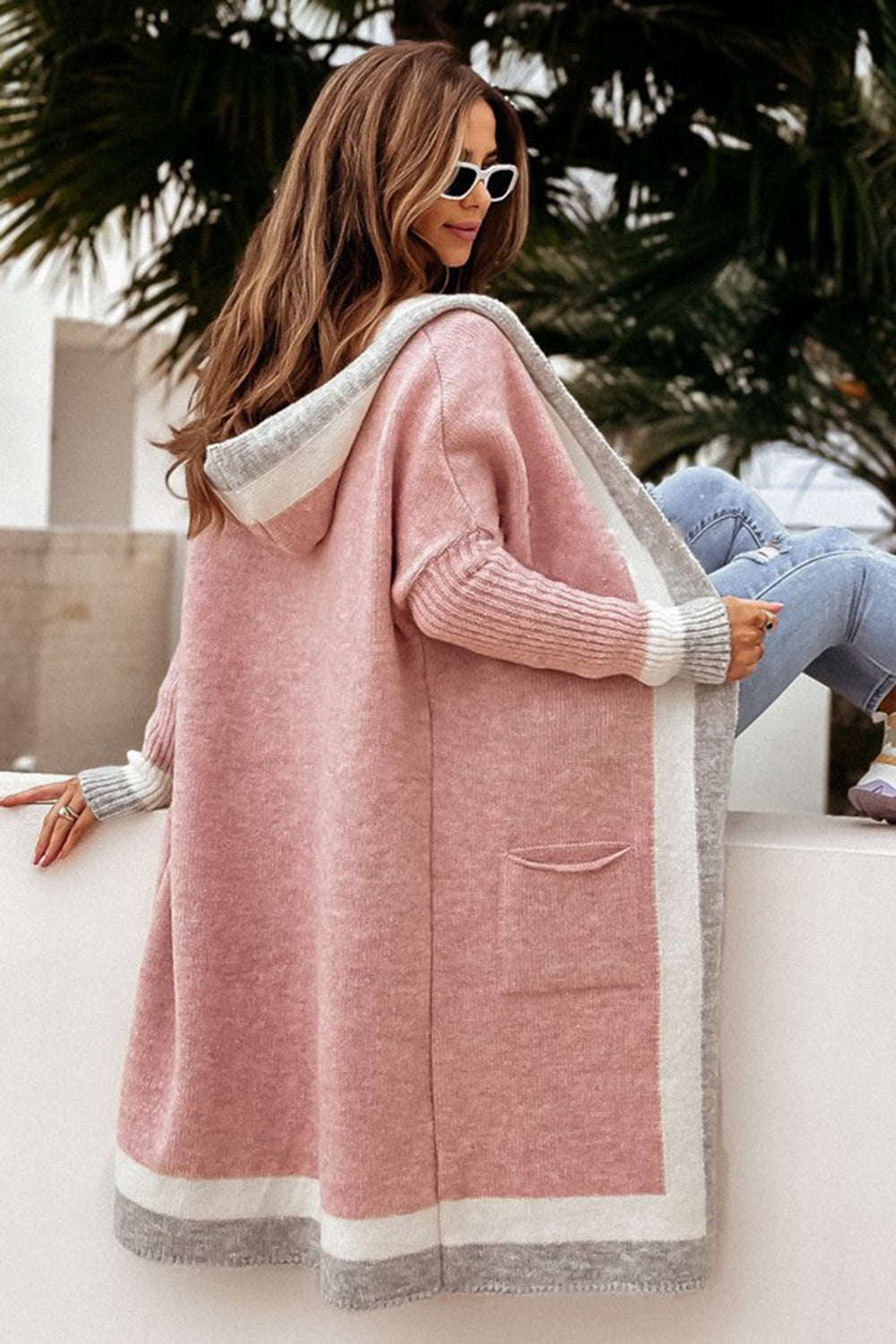 Pocketed Contrast Long Sleeve Hooded Cardigan-Angel Casuals