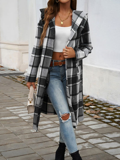 Devine Plaid Long Sleeve Hooded Coat-Angel Casuals