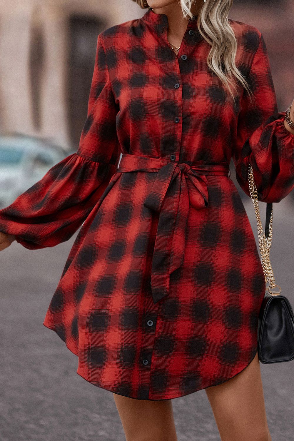 Plaid Tie Waist Balloon Sleeve Mini Dress-Angel Casuals