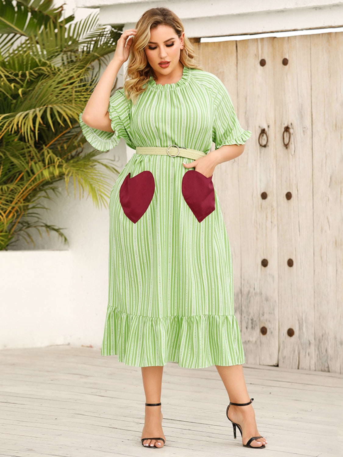 Plus Size Frill Heart Striped Half Sleeve Dress-Angel Casuals