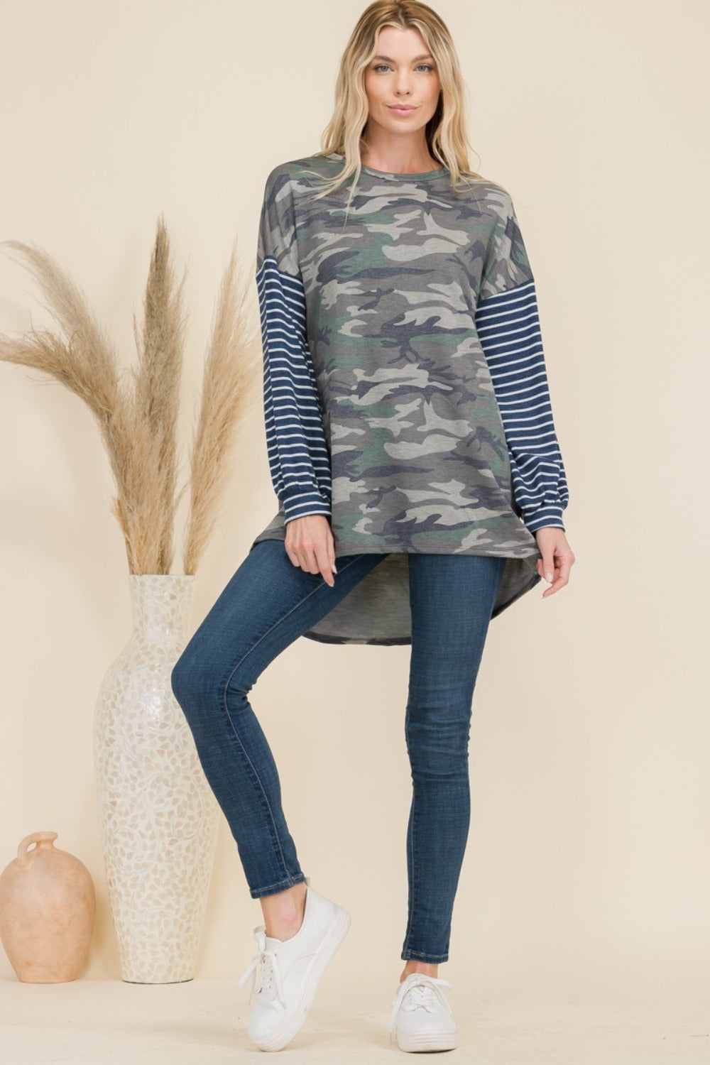 Celeste Full Size Camo Print High-Low T-Shirt with Stripe Sleeves-Angel Casuals