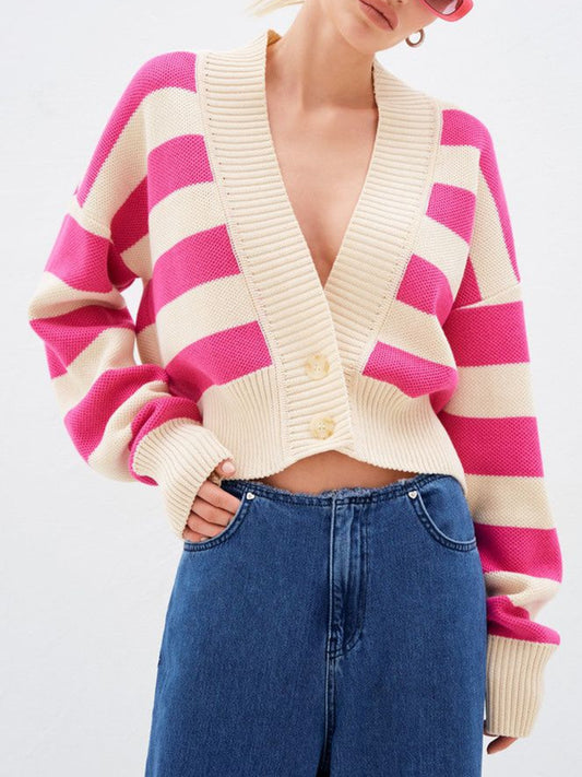 Striped Button Down Drop Shoulder Cardigan-Angel Casuals