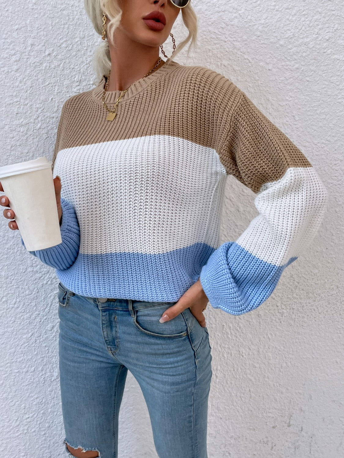 Color Block Round Neck Sweater-Angel Casuals