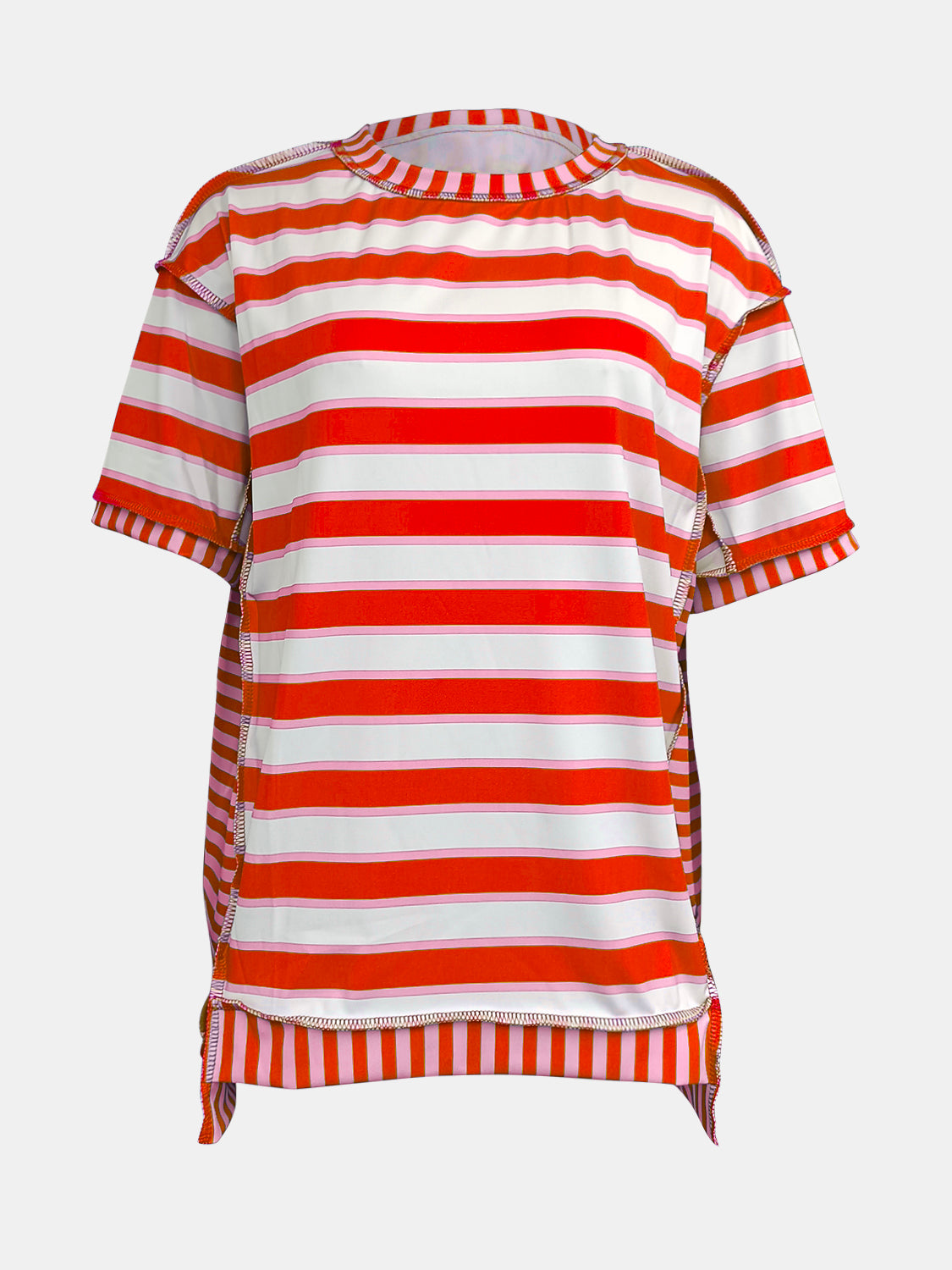 Full Size Contrast Stitching Striped Round Neck T-Shirt-Angel Casuals