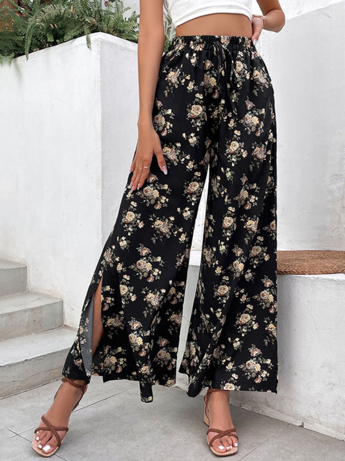 Floral Side Slit Wide Leg Pants-Angel Casuals