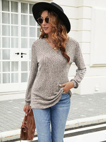 Ribbed Surplice Long Sleeve T-Shirt-Angel Casuals