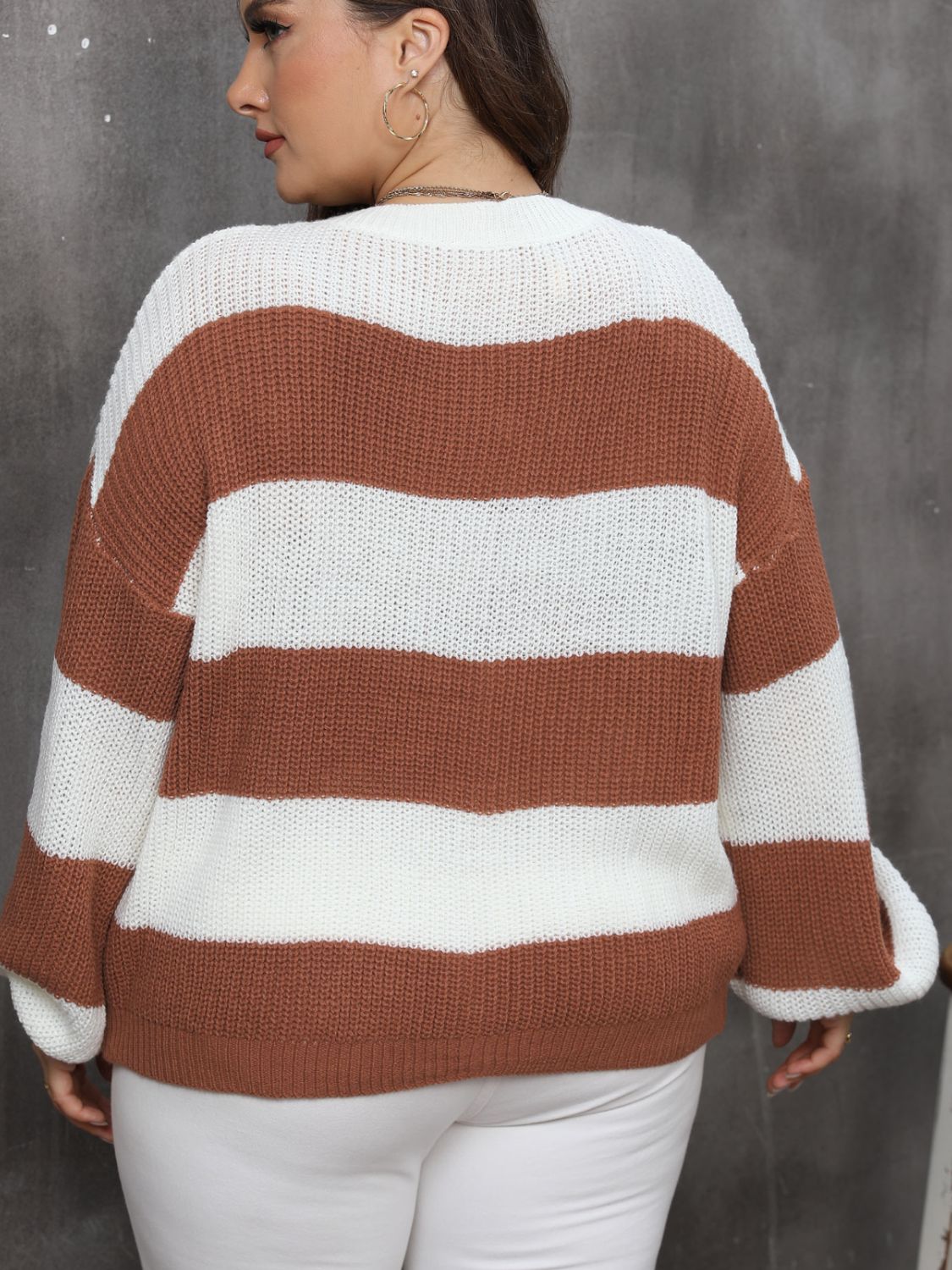 Plus Size Striped Round Neck Long Sleeve Sweater-Angel Casuals