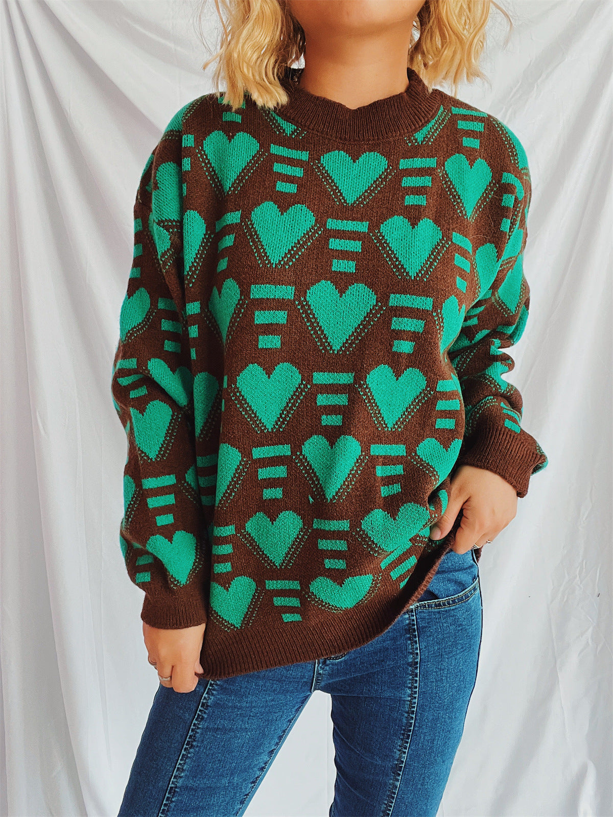 Heart Contrast Long Sleeve Dropped Shoulder Sweater-Angel Casuals