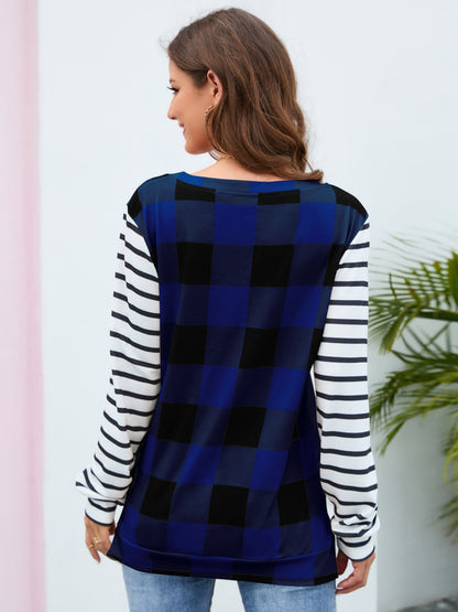 Plaid Striped Round Neck Long Sleeve T-Shirt-Angel Casuals