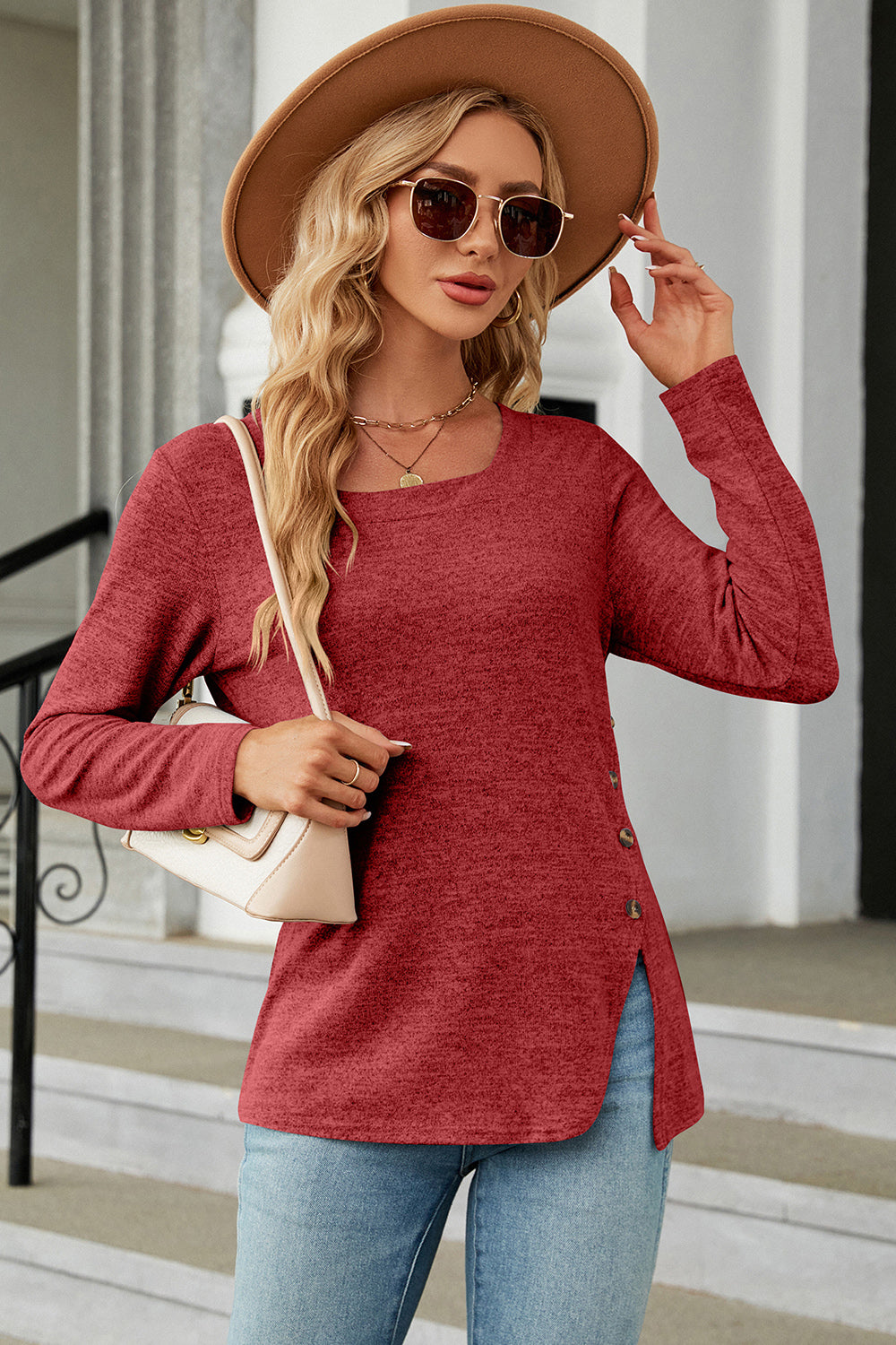 Slit Decorative Button Square Neck T-Shirt-Angel Casuals
