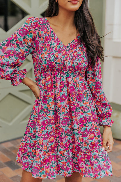 Floral Smocked V-Neck Flounce Sleeve Dress-Angel Casuals