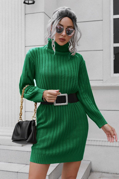 Ribbed Turtle Neck Long Sleeve Mini Sweater Dress-Angel Casuals