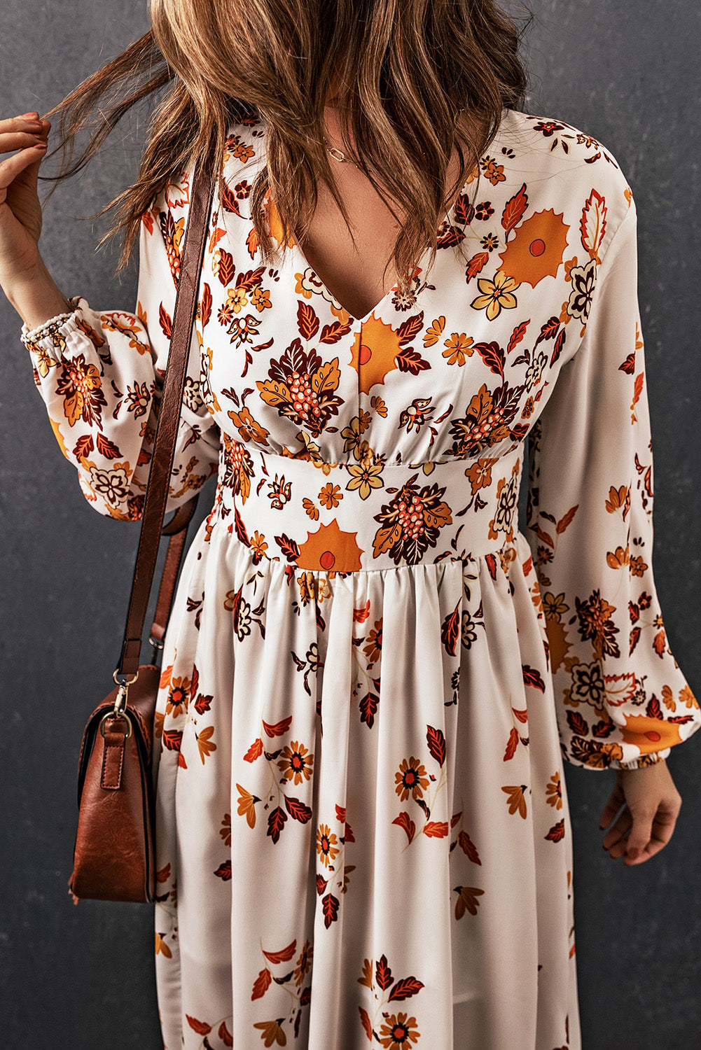 Floral V-Neck Long Sleeve Maxi Dress-Angel Casuals