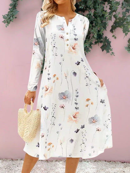 Floral Notched Long Sleeve Midi Dress-Angel Casuals