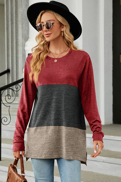 Color Block Round Neck Long Sleeve T-Shirt-Angel Casuals