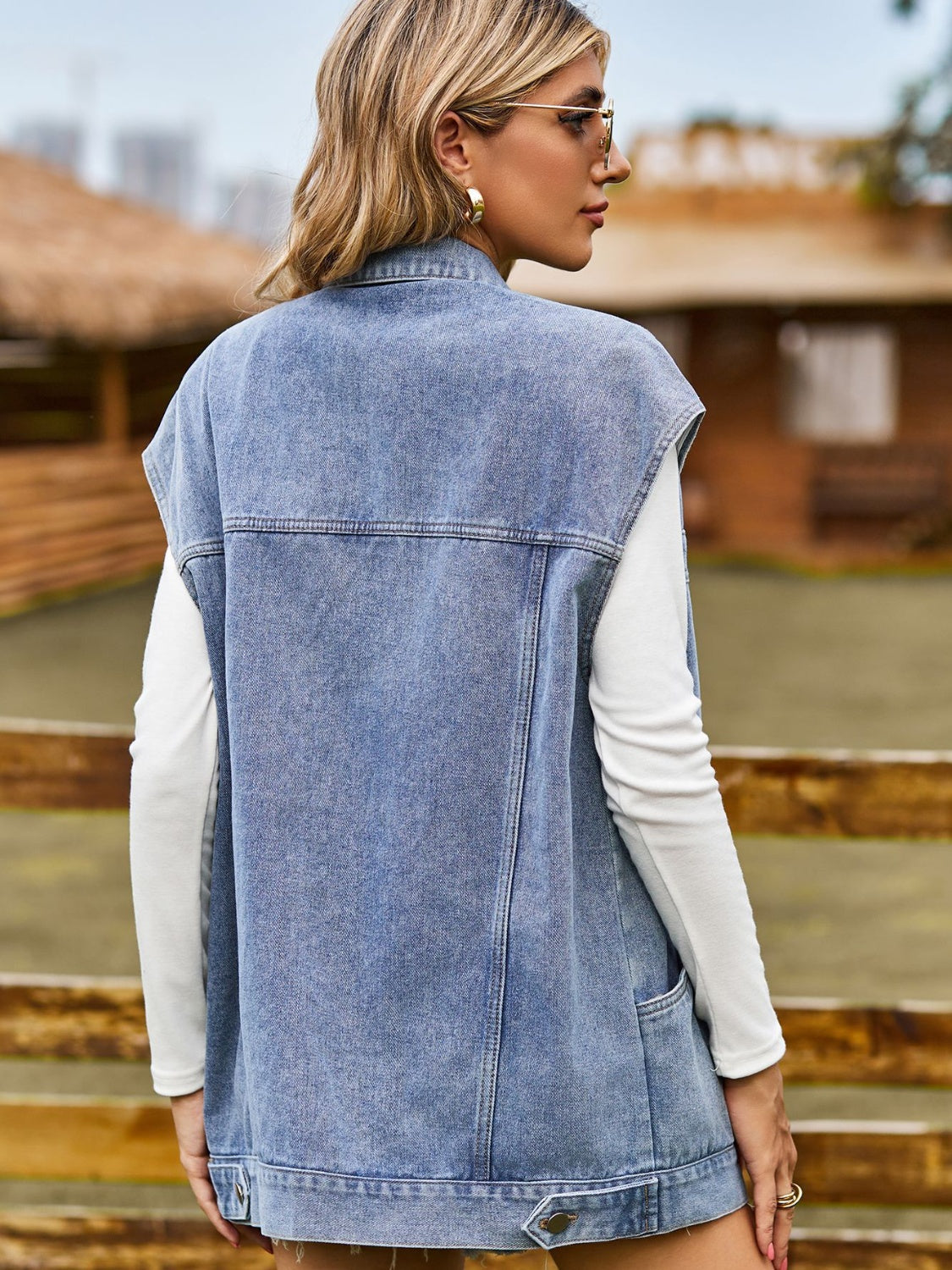 Button Up Collared Neck Sleeveless Denim Jacket-Angel Casuals