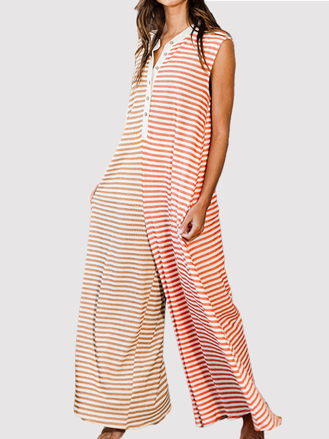 Striped Round Neck Sleeveless Jumpsuit-Angel Casuals