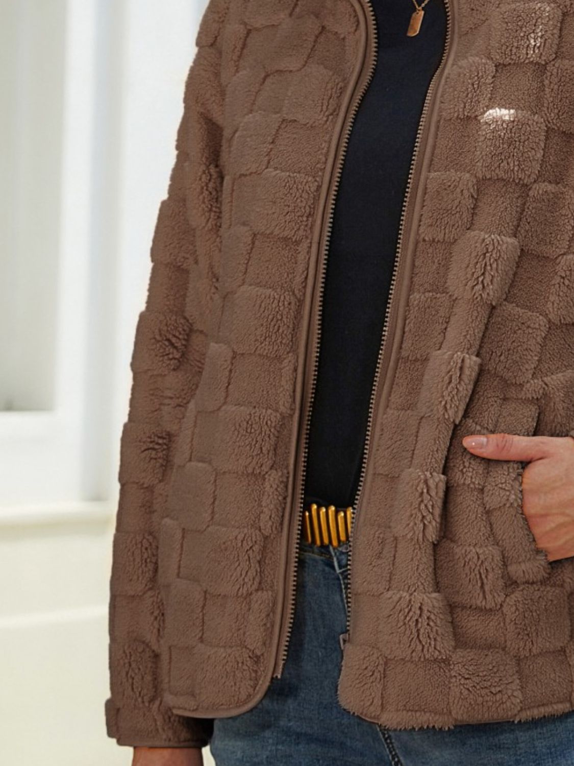 Fuzzy Checkered Zip Up Jacket-Angel Casuals