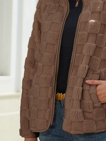 Fuzzy Checkered Zip Up Jacket-Angel Casuals