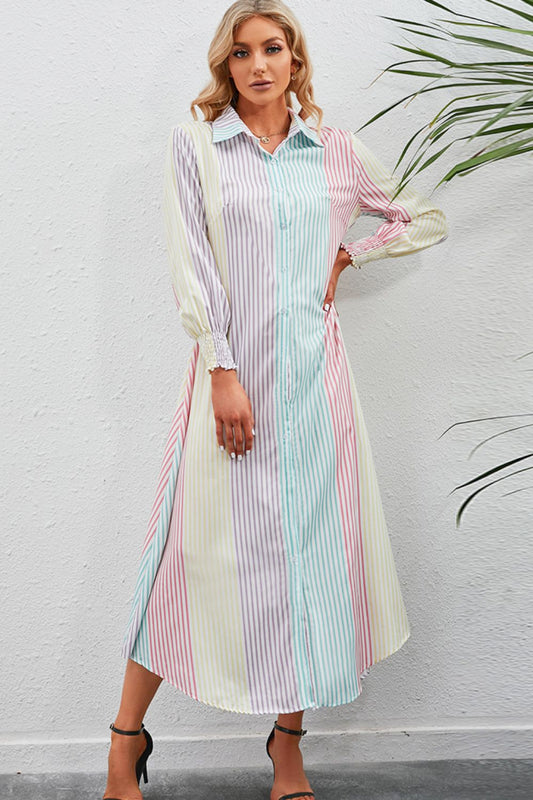 Rainbow Stripe Button-Up Maxi Shirt Dress-Angel Casuals