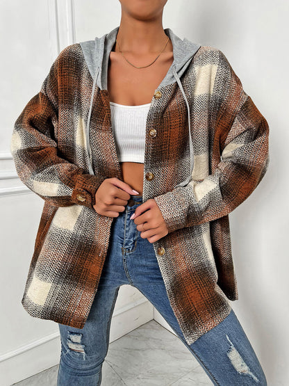 Plaid Drawstring Hooded Jacket-Angel Casuals