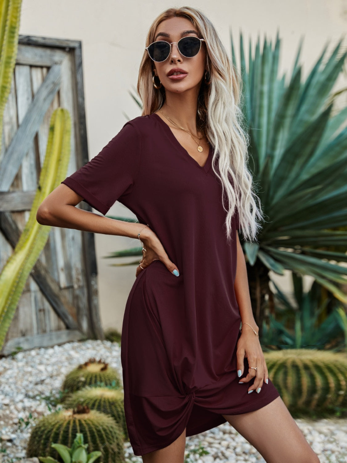 V-Neck Short Sleeve Mini Dress-Angel Casuals