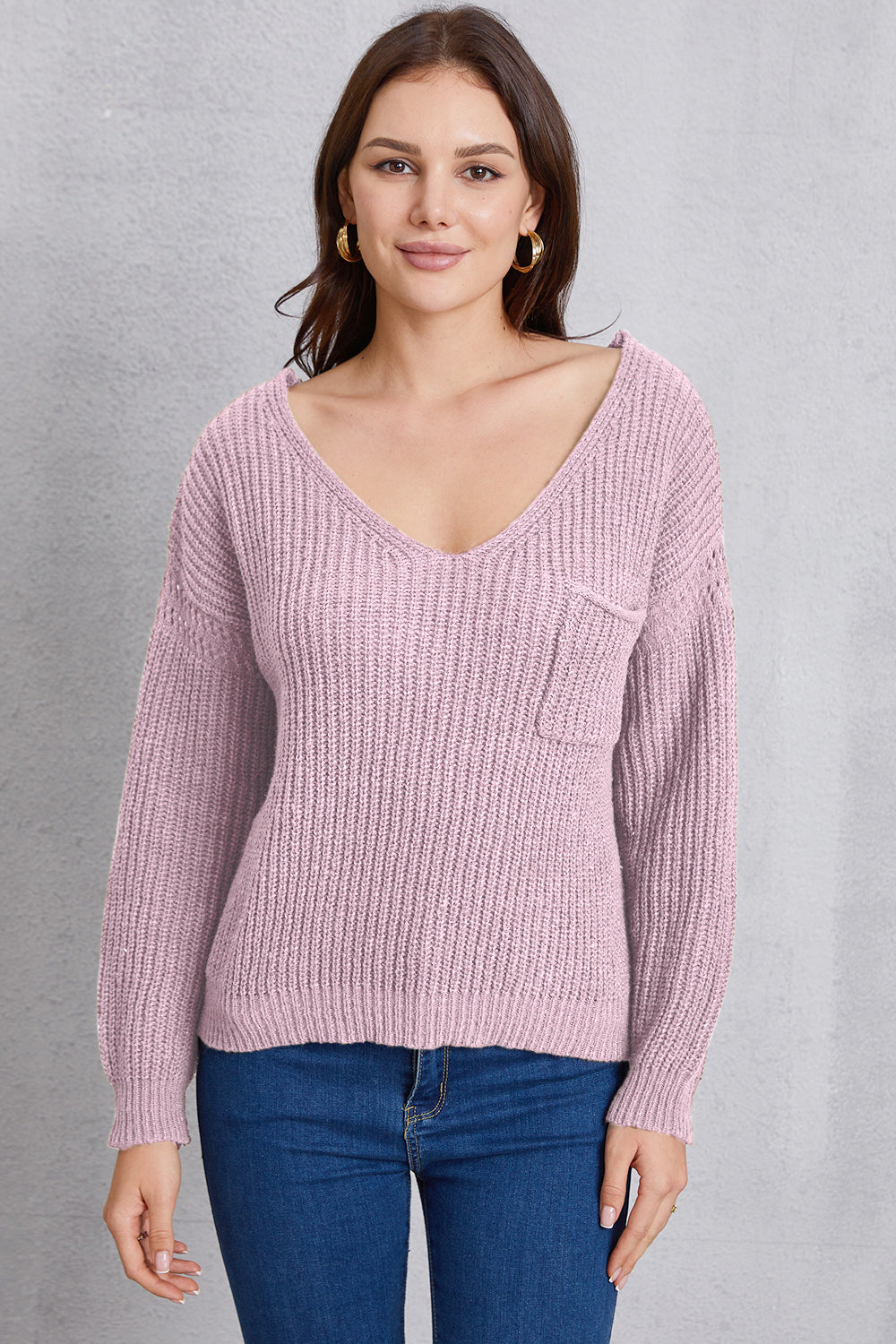 V-Neck Pocketed Dropped Shoulder Knit Top-Angel Casuals