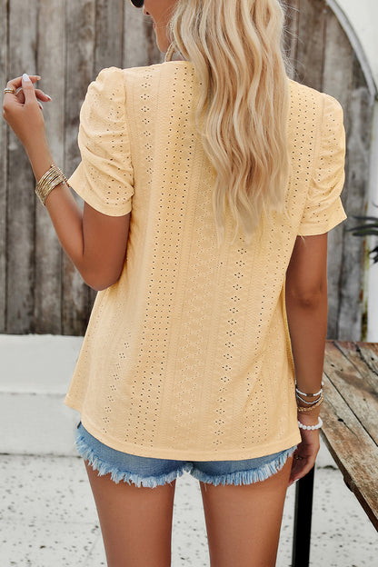 Eyelet Square Neck Puff Sleeve T-Shirt-Angel Casuals