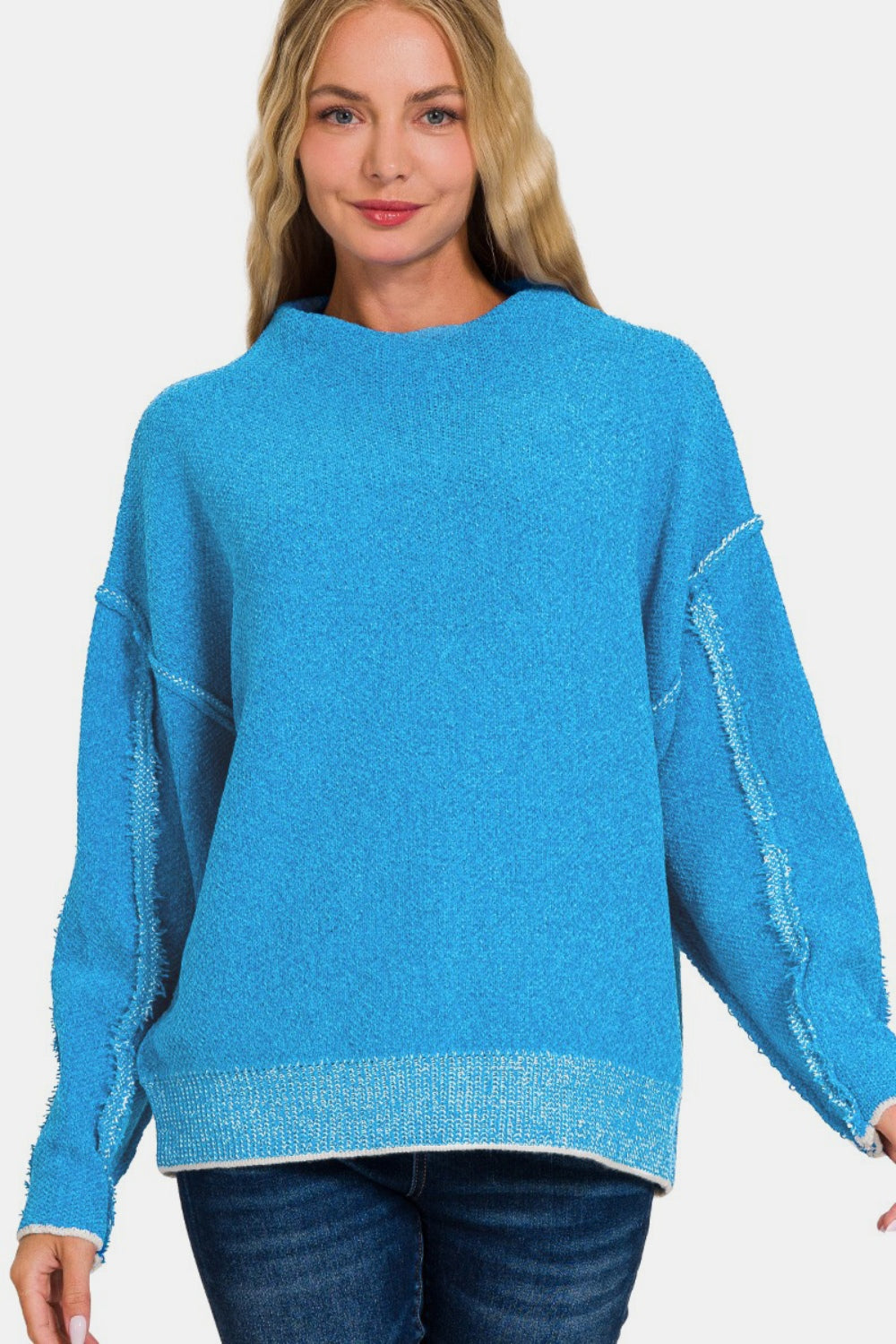 Zenana Exposed Seam Mock Neck Long Sleeve Sweater-Angel Casuals