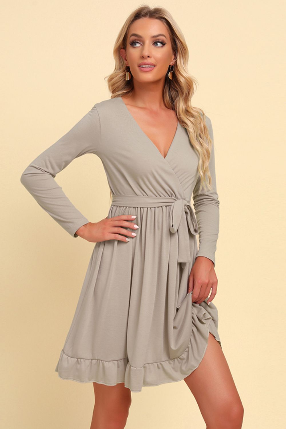 Long Sleeve Tie Waist Ruffle Hem Dress-Angel Casuals