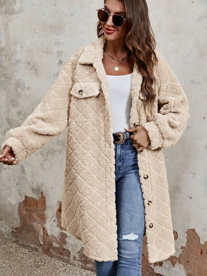 Fuzzy Button Up Dropped Shoulder Long Sleeve Coat-Angel Casuals