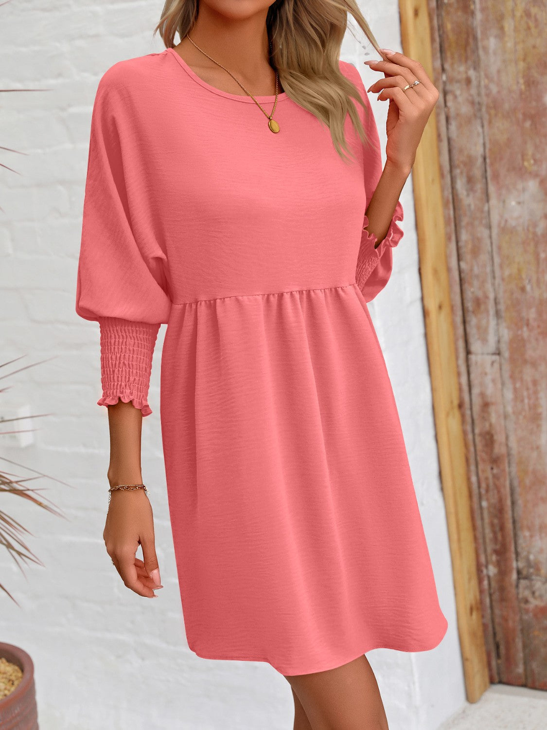 Round Neck Lantern Sleeve Mini Dress-Angel Casuals