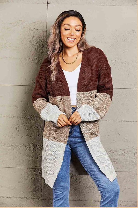 Woven Right Color Block Open Front Rib-Knit Longline Cardigan-Angel Casuals