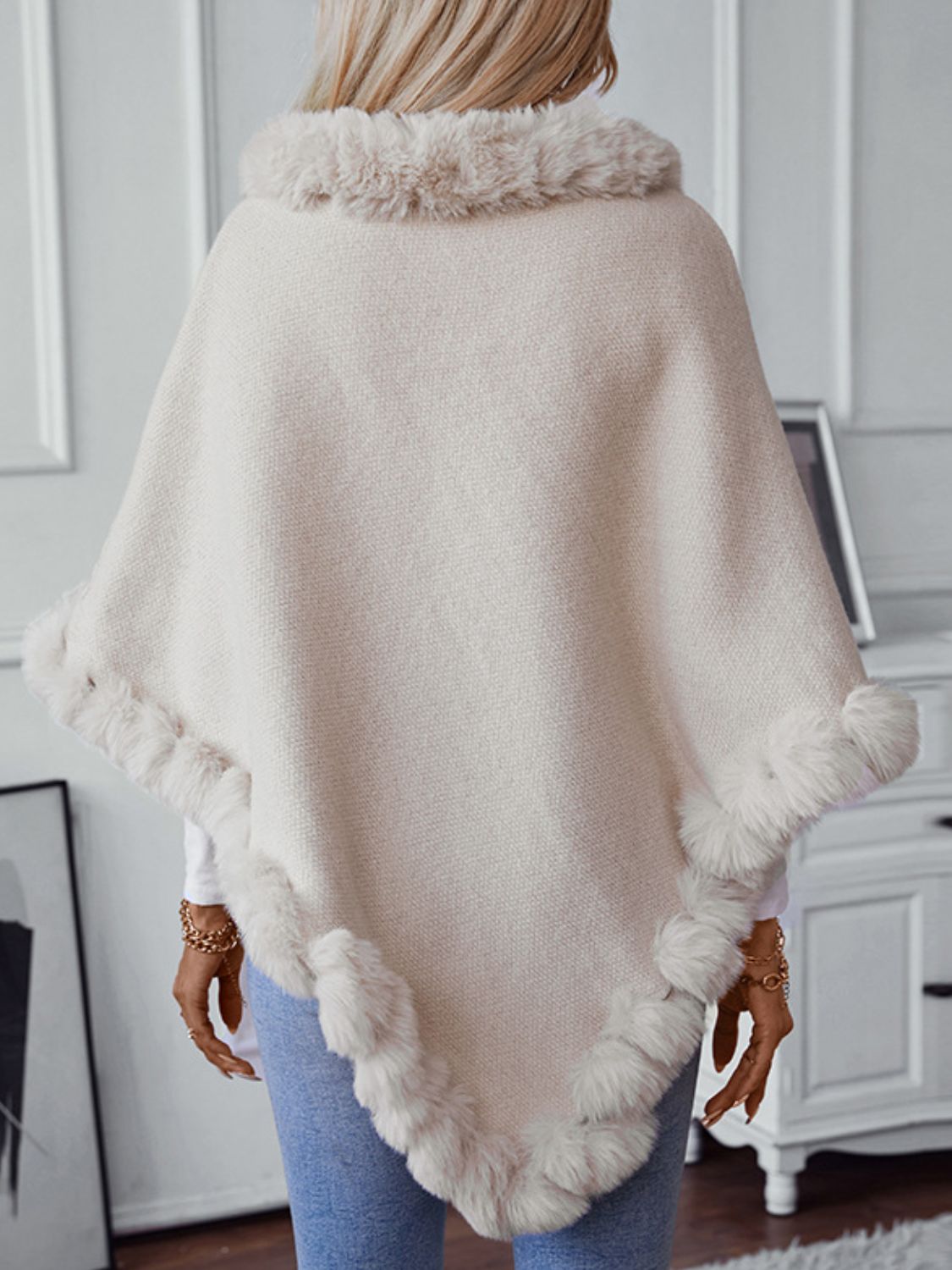 Fuzzy Trim Texture Three-Quarter Sleeve Poncho-Angel Casuals