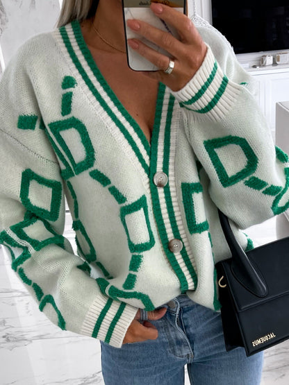 Geometric Dropped Shoulder Button Down Cardigan-Angel Casuals